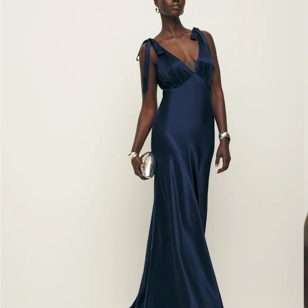 Reformation Blue Plunge Neck Cap Sleeve Gown